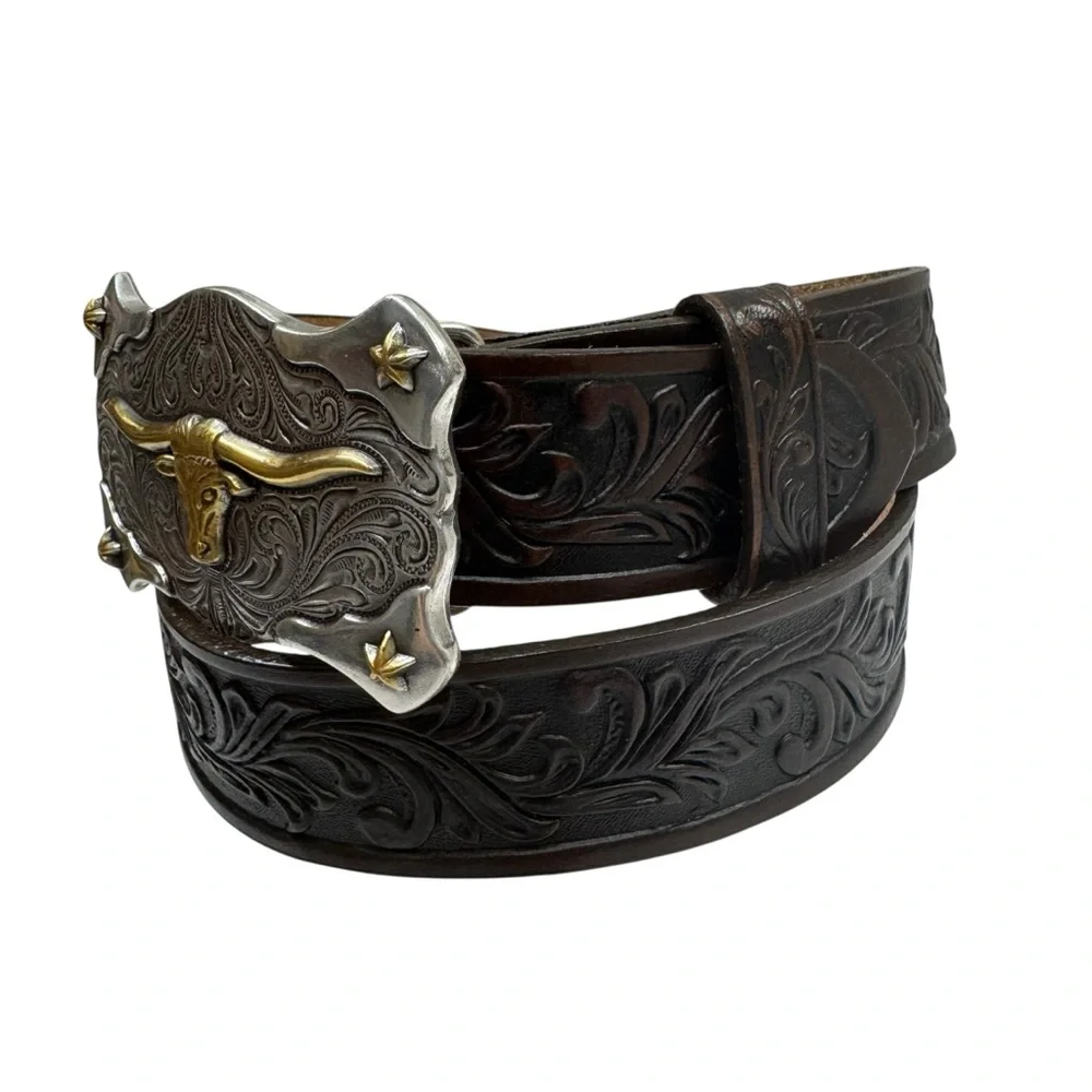 Tony Lama Kids LITTLE TEXAS Tooled Leather Western Belt USA Size 28 Top Grain